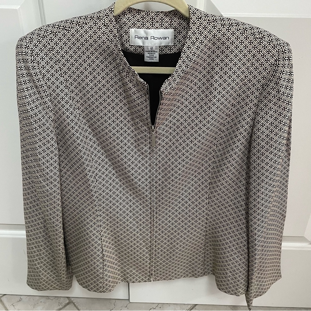 Rena Rowan Vintage 100% Silk Brown Beige Geometric Long Sleeve Lined Zip Jacket